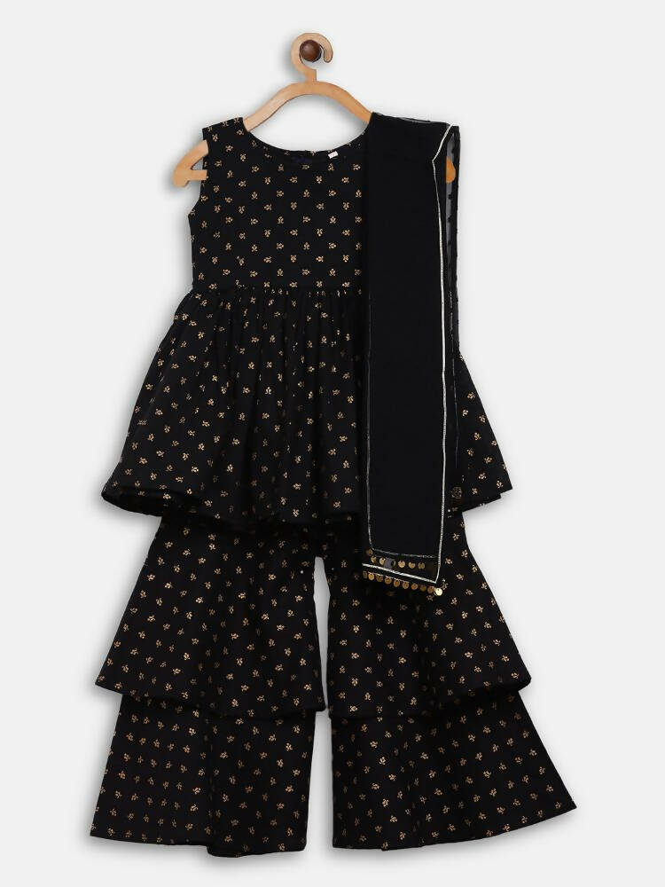 Ahalyaa Black Cotton Gold Print Kids Kurta Sharara Sets For Girls | Grocsy