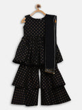 Ahalyaa Black Cotton Gold Print Kids Kurta Sharara Sets For Girls | Grocsy
