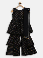 Ahalyaa Black Cotton Gold Print Kids Kurta Sharara Sets For Girls | Grocsy
