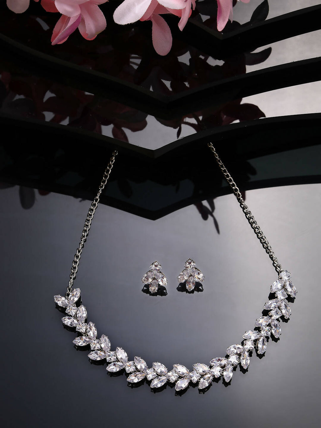 NVR Women Silver-Plated American Diamond Jewellery Set Necklace & Earrings | Grocsy