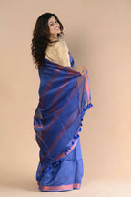 Very Much Indian Handloom Cotton Silk Maheshwari Saree With Sleek Golden Border - Purple Blue | Grocsy