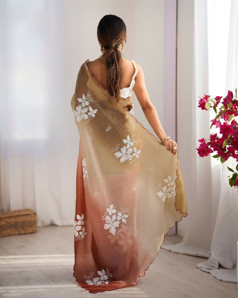 Choco and Orange Crunchy Crush Pedding Color Embroidery Work Party Wear Saree - Zuleika | Grocsy