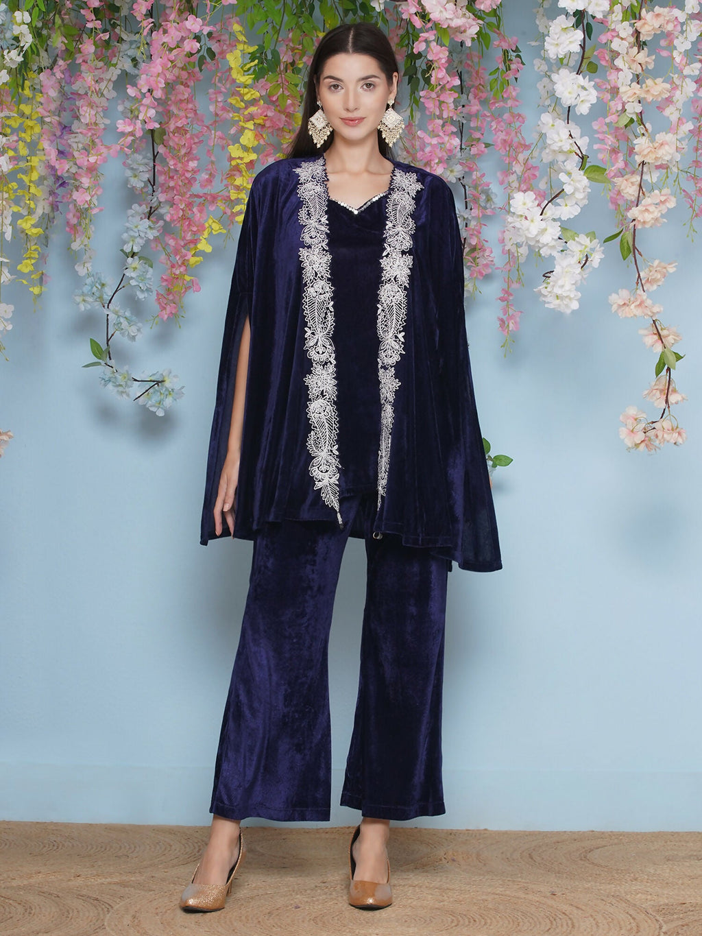 Joban Fashion Navy Blue Velvet Cape Set | Grocsy