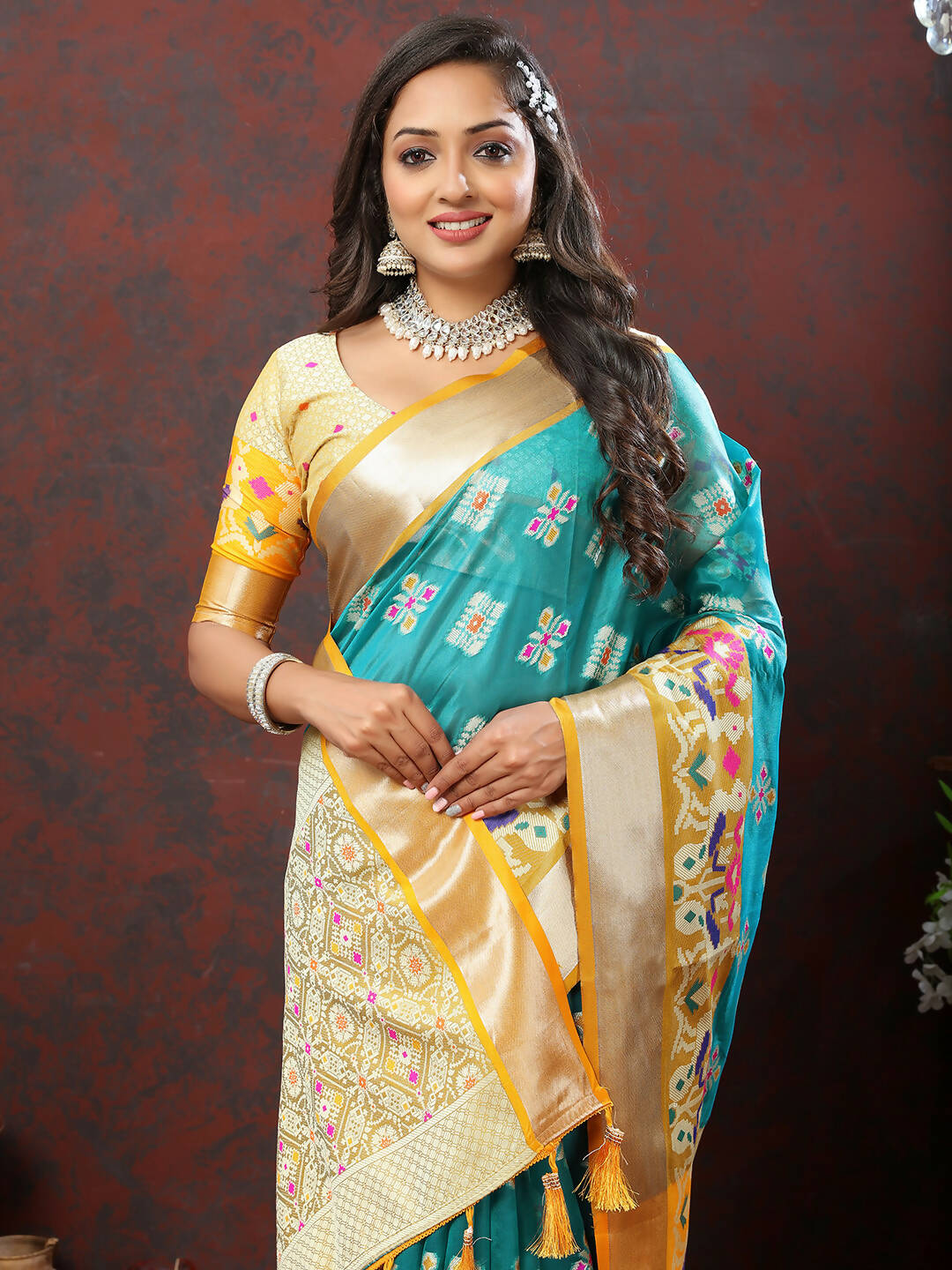 Lorenvalley Fashion Teal Organza Silk Woven Design with Meenakari Weaving Saree | Grocsy