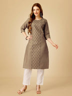 Jyoti Fashion Women's Khaki Cotton Blend Embroidered Kurta Pant Set | Grocsy