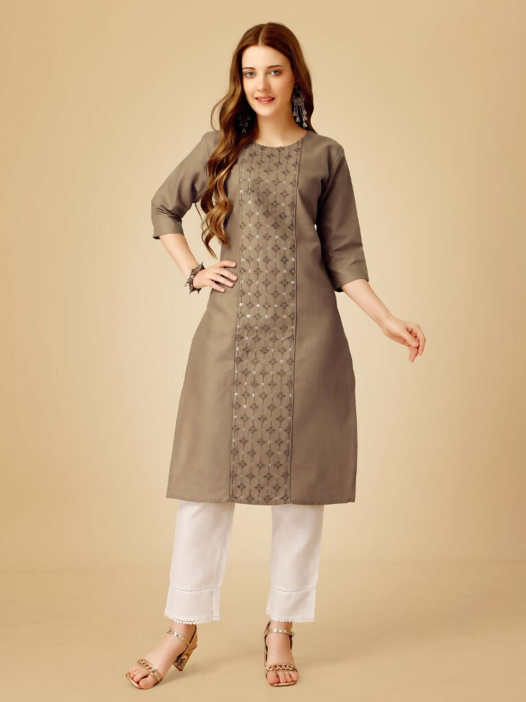 Jyoti Fashion Women's Khaki Cotton Blend Embroidered Kurta Pant Set | Grocsy