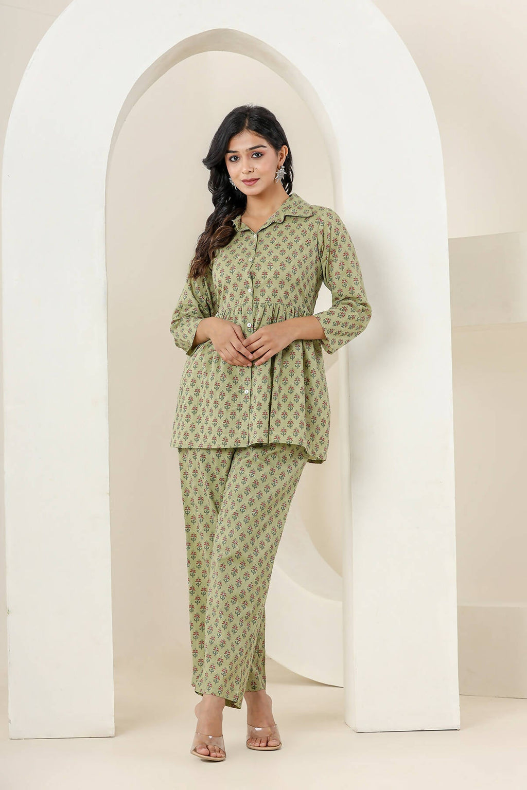 Kaajh Women's Green Printed Cotton Co-ord Set | Grocsy
