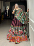 Vastranavya Navaratri Special Dola Silk Patola Print With Gamthi Work and Mirror Work Lace Border - Brown | Grocsy
