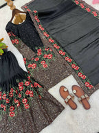 Teeya Creation Black Fendy Silk Heavy Embroidery Work Party Wear Sharara Suit | Grocsy
