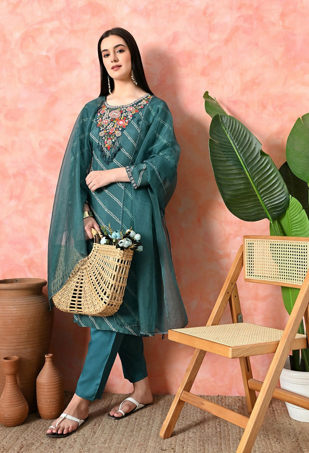 Joban Fashion Green Premium Pure Viscose Print Dola With Handwork Kurta Set | Grocsy