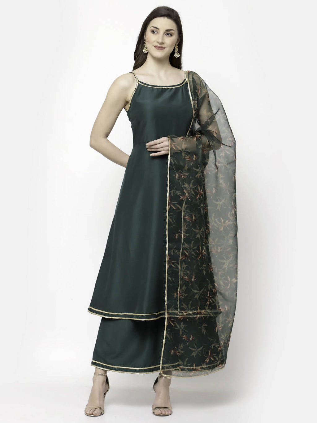 Myshka Dark Green Silk Blend Solid Sleeveless Round Neck Kurta Palazzo Dupatta Set | Grocsy