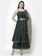 Myshka Dark Green Silk Blend Solid Sleeveless Round Neck Kurta Palazzo Dupatta Set | Grocsy