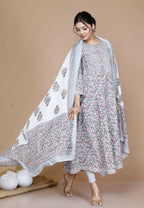 Miravan Women's Blue Printed With Gota Patti Work Anarkali Kurta With Dupatta | Grocsy