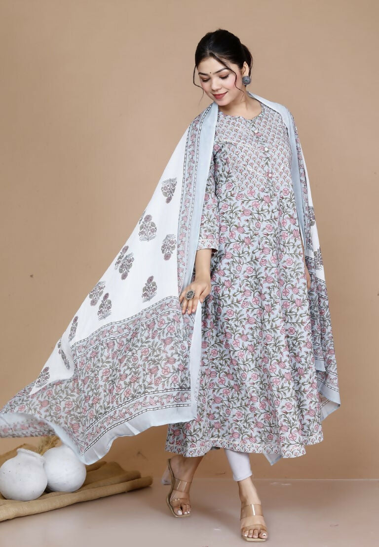 Miravan Women's Blue Printed With Gota Patti Work Anarkali Kurta With Dupatta | Grocsy
