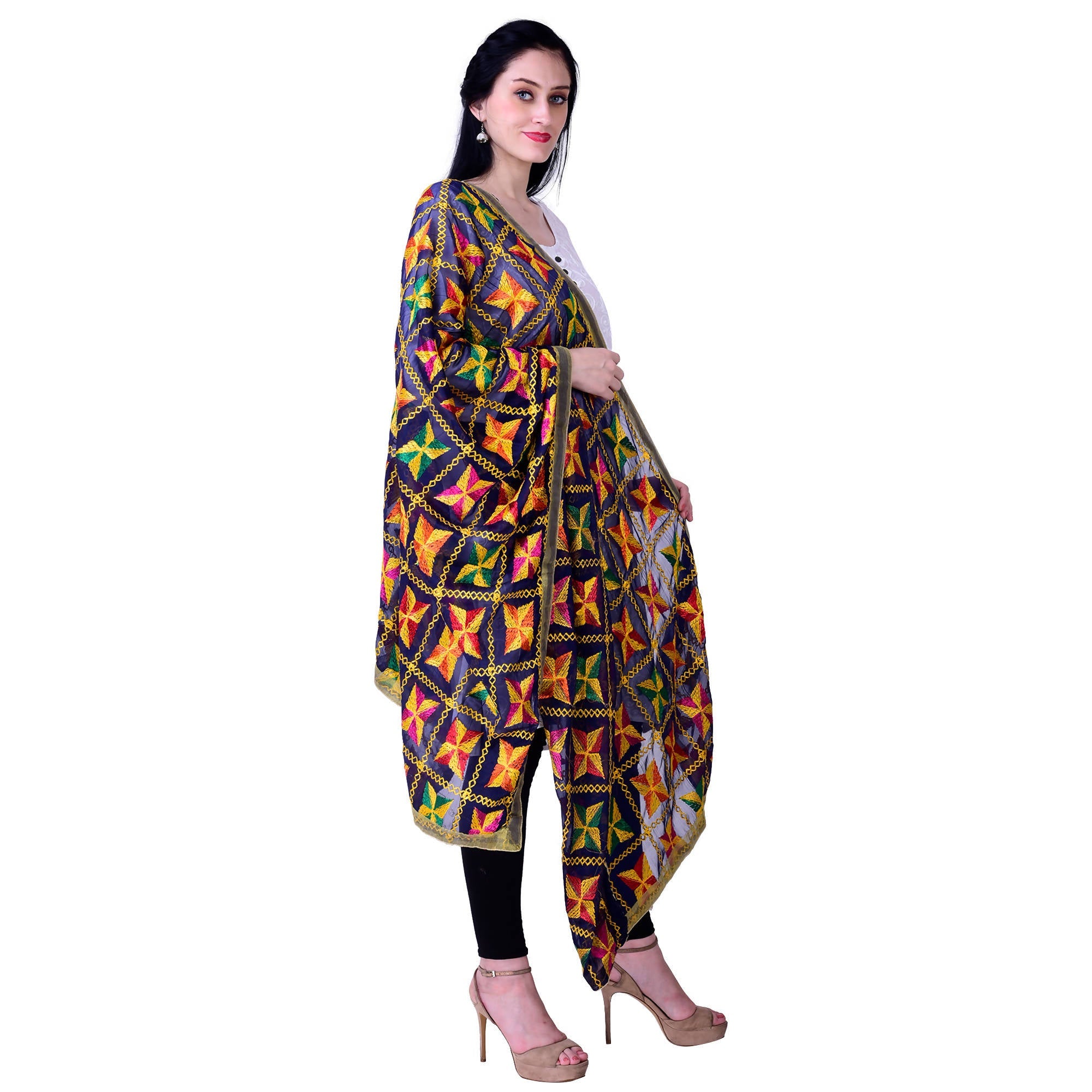 SWI Stylish Women's Embroidered Phulkari Chiffon Navy Blue Dupatta | Grocsy