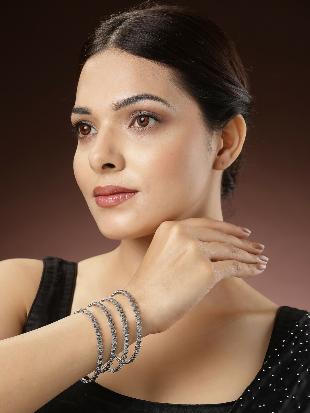 NVR Women's Set of 4 Silver-Toned German Silver Oxidised Bangles | Grocsy