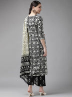 Yufta Black & Off-White Ethnic Screen Print Cotton Straight Kurta Palazzo & Dupatta | Grocsy