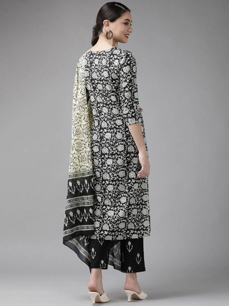 Yufta Black & Off-White Ethnic Screen Print Cotton Straight Kurta Palazzo & Dupatta | Grocsy