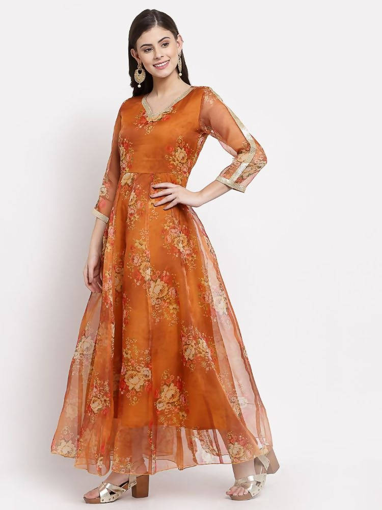 Myshka Women's Brown Organza Printed 3/4 Sleeve V Neck Casual Anarkali Dress | Grocsy