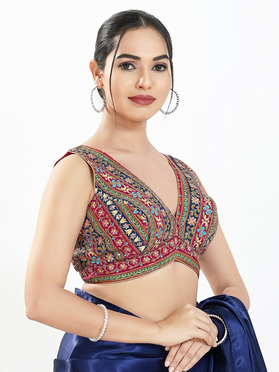Joban Fashion Magenta Multi Georgette Padded Blouse With V Neck Sleeveless | Grocsy