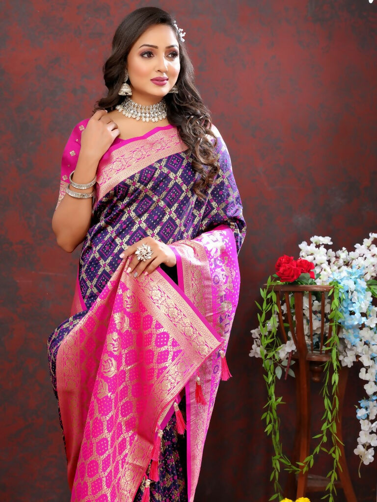 Vastranavya Navy Blue Soft Patola Silk With Meenakari Weaving Motifs And Rich Zari Weaving Pallu Saree With Matching Blouse Fabric | Grocsy