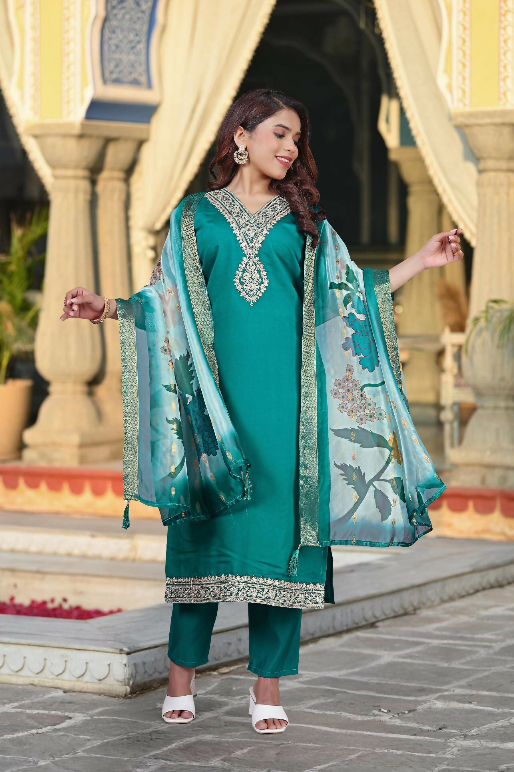 The52 Women's Beautiful Viscose Chanderi Fabric Embroidery Work Straight Kurta Pant and Dupatta Set | Grocsy