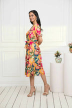 Myshka Women Multi - Abstract Rayon A-Line V-Neck Dress | Grocsy