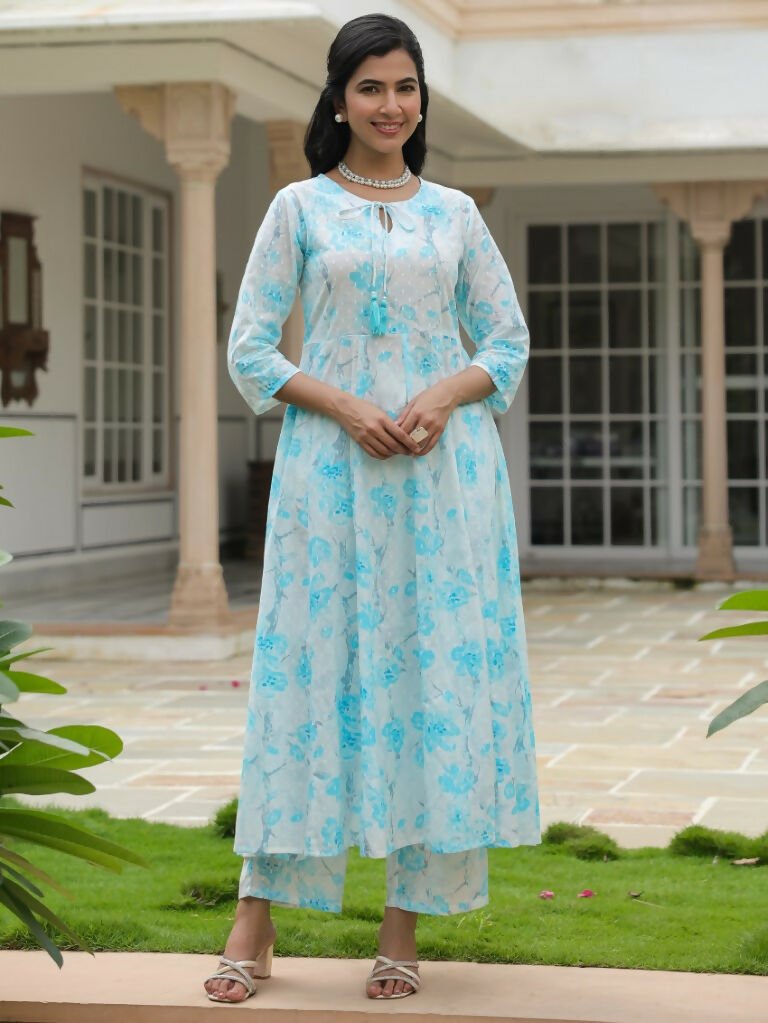 Aramya Flared Textured Cotton Floral Print Women's Kurta Set - White | Grocsy