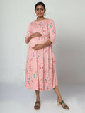 Manet Three Fourth Maternity Dress Floral Print With Concealed Zipper Nursing Access - Peach | Grocsy