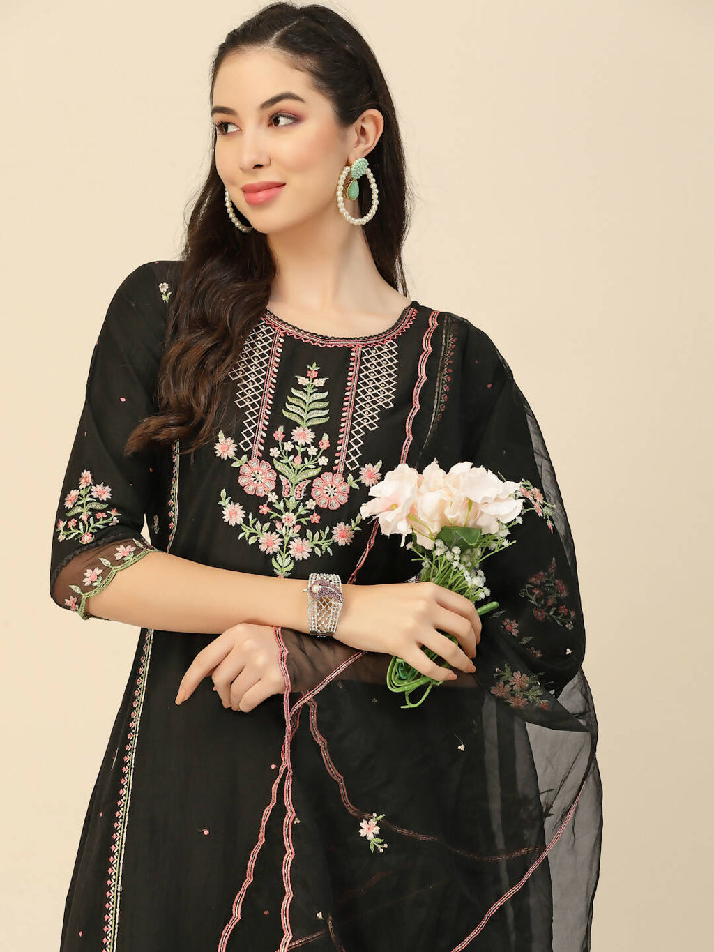Black Embroidered Chinon Straight Kurta With Trouser & Dupatta - Salimar | Grocsy