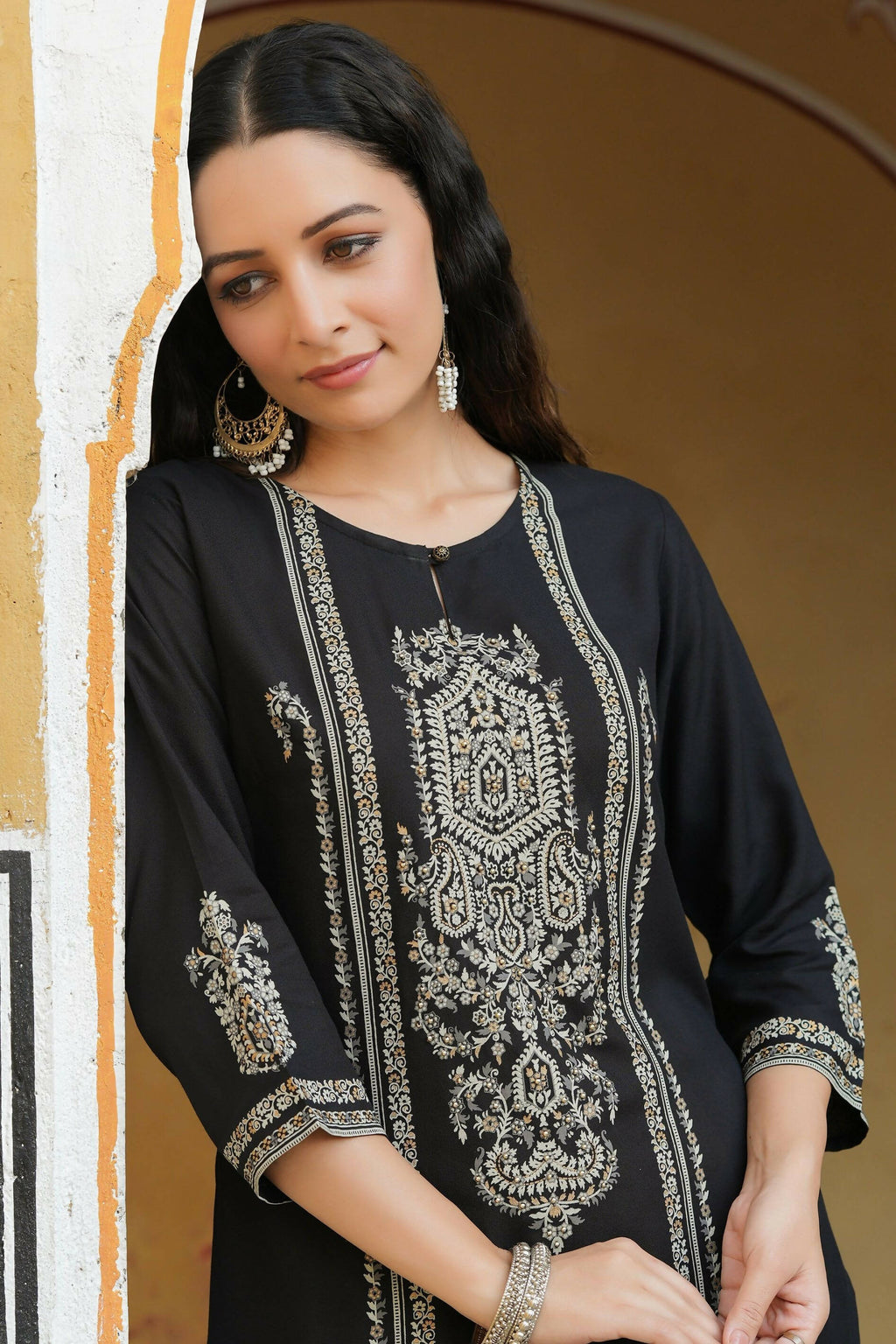 Juniper Women's Black Rayon Printed Straight Kurta | Grocsy