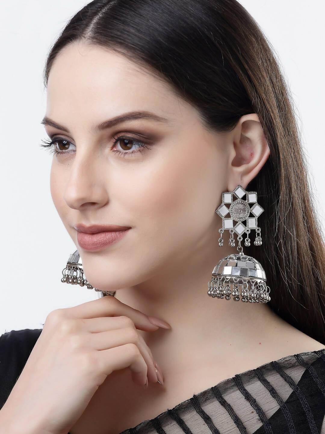 NVR Women Silver Mirror Oxidised Brass-Plated Jhumka Earrings | Grocsy