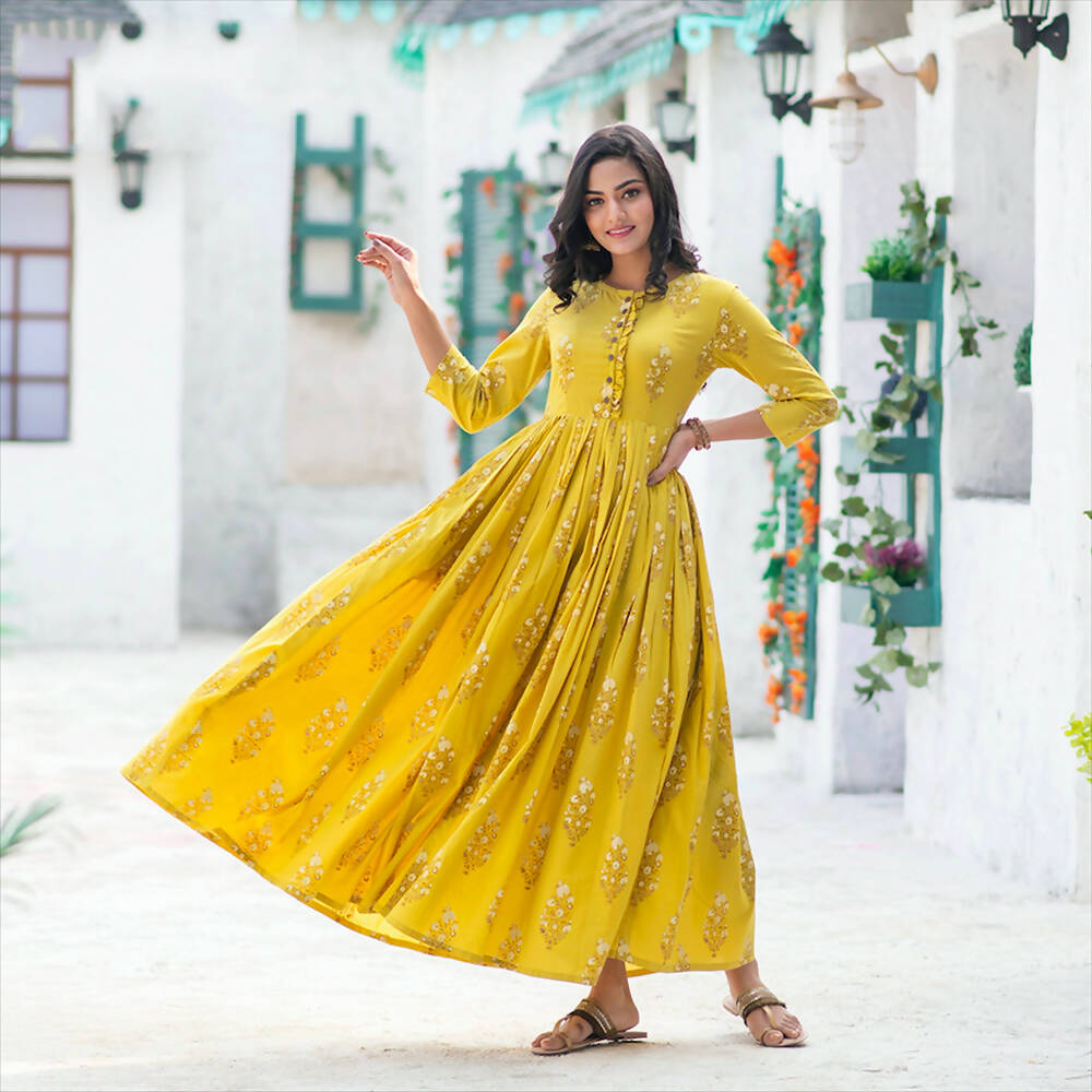 Partywear Designer Digital Printed Lemon Yellow Pure Maslin Gown - Anbazaar | Grocsy