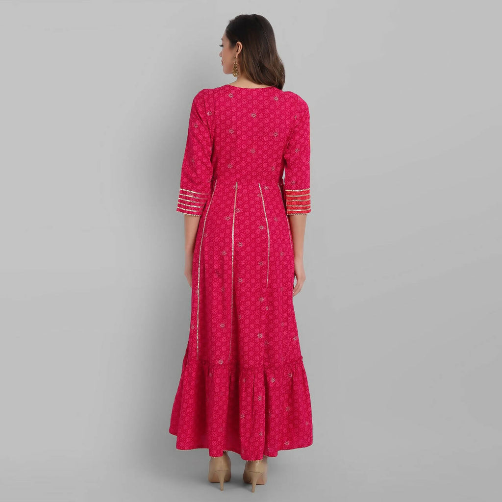 Juniper Fuchsia Rayon Festive Wear Embroidered Tiered Long Dress | Grocsy
