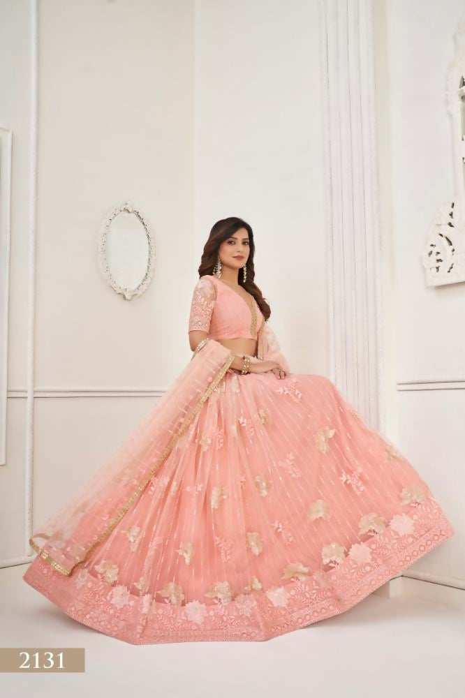 Aastha Fashion Peach Butterfly Net Tone To Tone Thread Work And Sequence Work Embroidery Wedding Wear Lehenga Choli | Grocsy