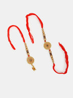 NVR Women & Men Set of 2 Gold-Toned Stone-Studded & Beaded Bhaiya Bhabi Rakhi With Roli Chawal | Grocsy