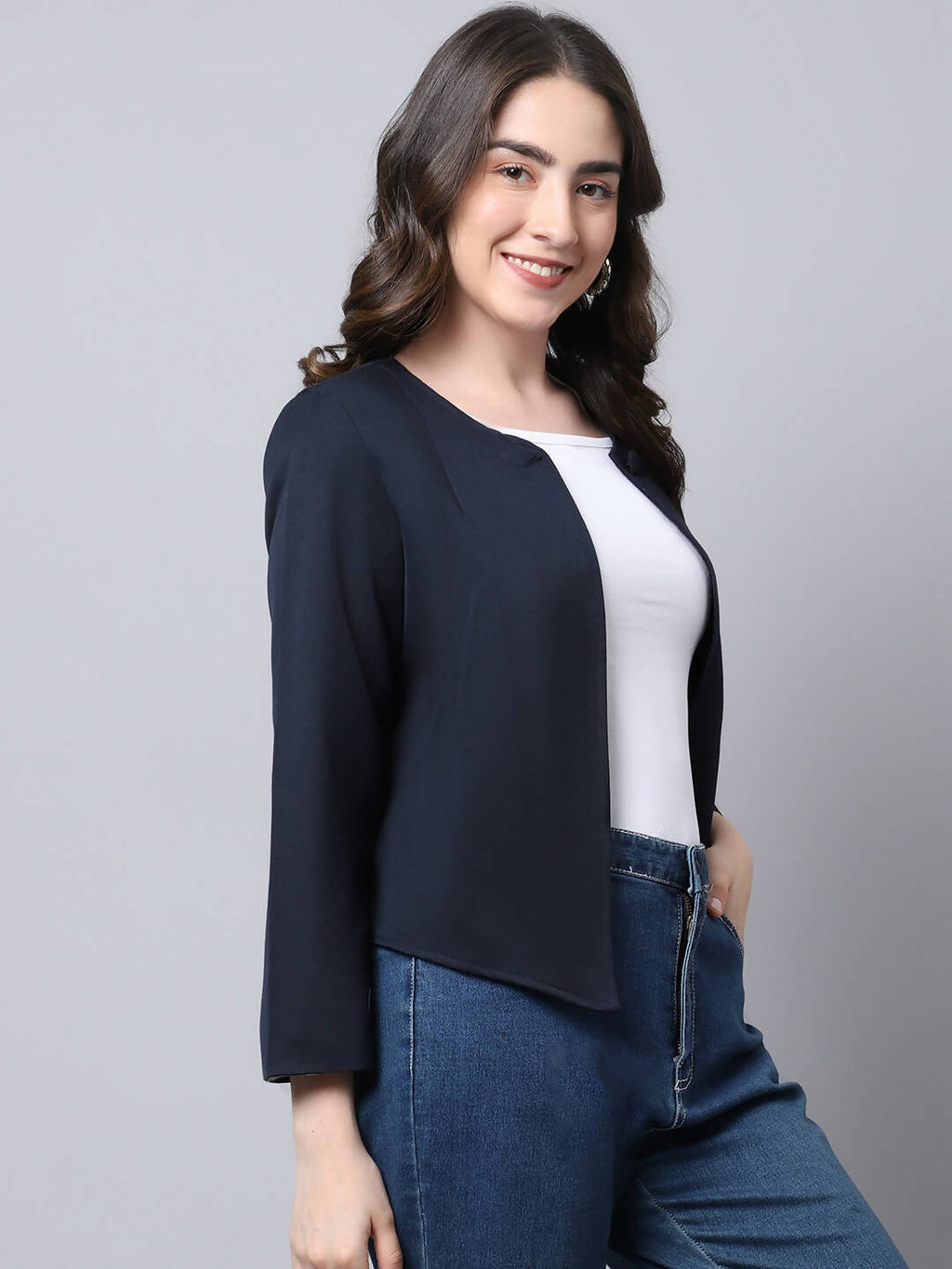 Even Apparels Navy Polywool Open Front Statement Women's Jacket | Grocsy