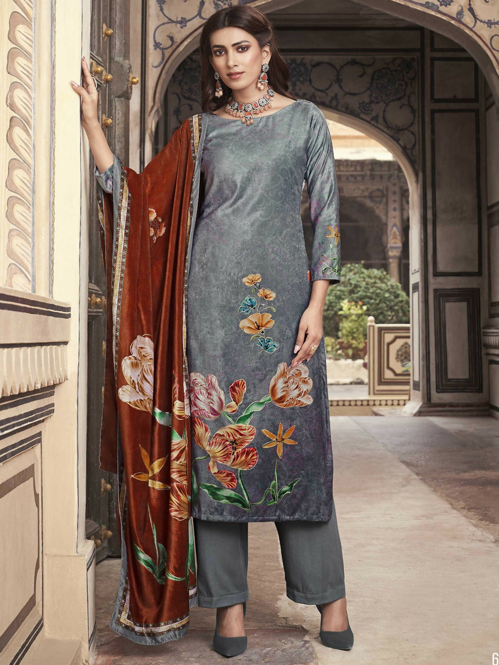 Jyoti Fashion Women's Grey Velvet Floral Digital Printed Kurta with Trouser & Dupatta | Grocsy