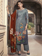 Jyoti Fashion Women's Grey Velvet Floral Digital Printed Kurta with Trouser & Dupatta | Grocsy
