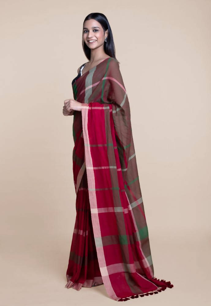 Suta Women Maroon Green Pure Handloom Cotton Saree | Grocsy