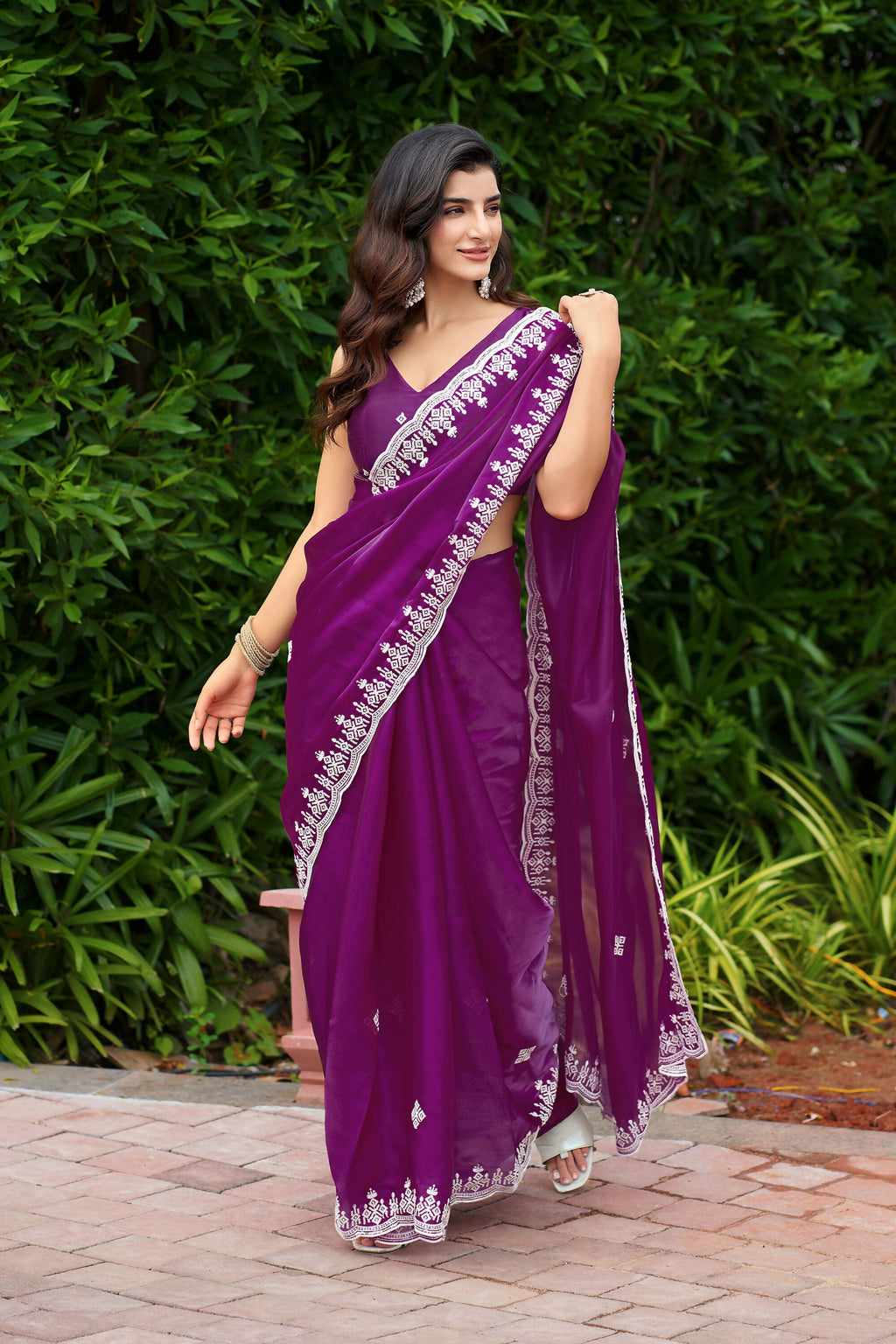 Vastranavya Purple Embroidery Work Shimmer Chiffon Saree with Unstitched Blouse | Grocsy