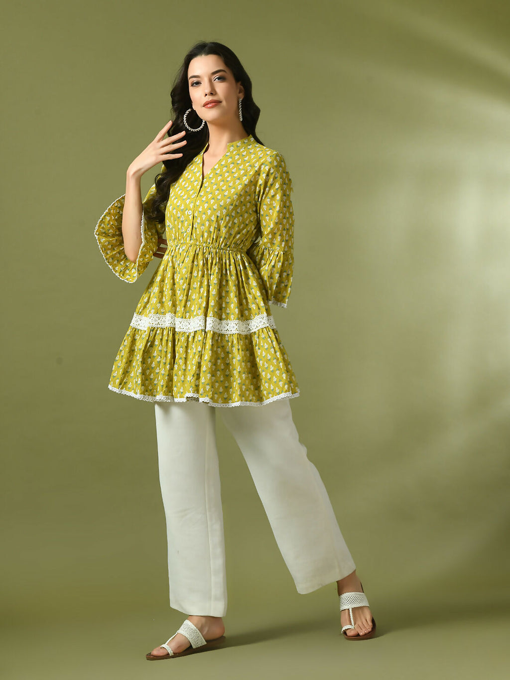 Myshka Women's Yellow Embellished Cotton Gathered Party Empire Top | Grocsy