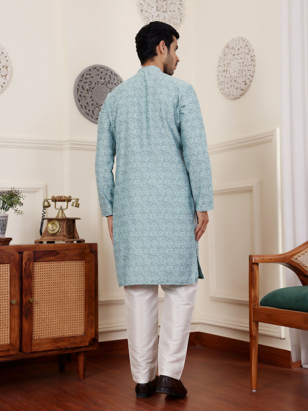 Blue Viscose Woven Jacquard Work Men's Rajwadi Kurta Set - Mahotsav | Grocsy