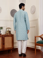 Blue Viscose Woven Jacquard Work Men's Rajwadi Kurta Set - Mahotsav | Grocsy