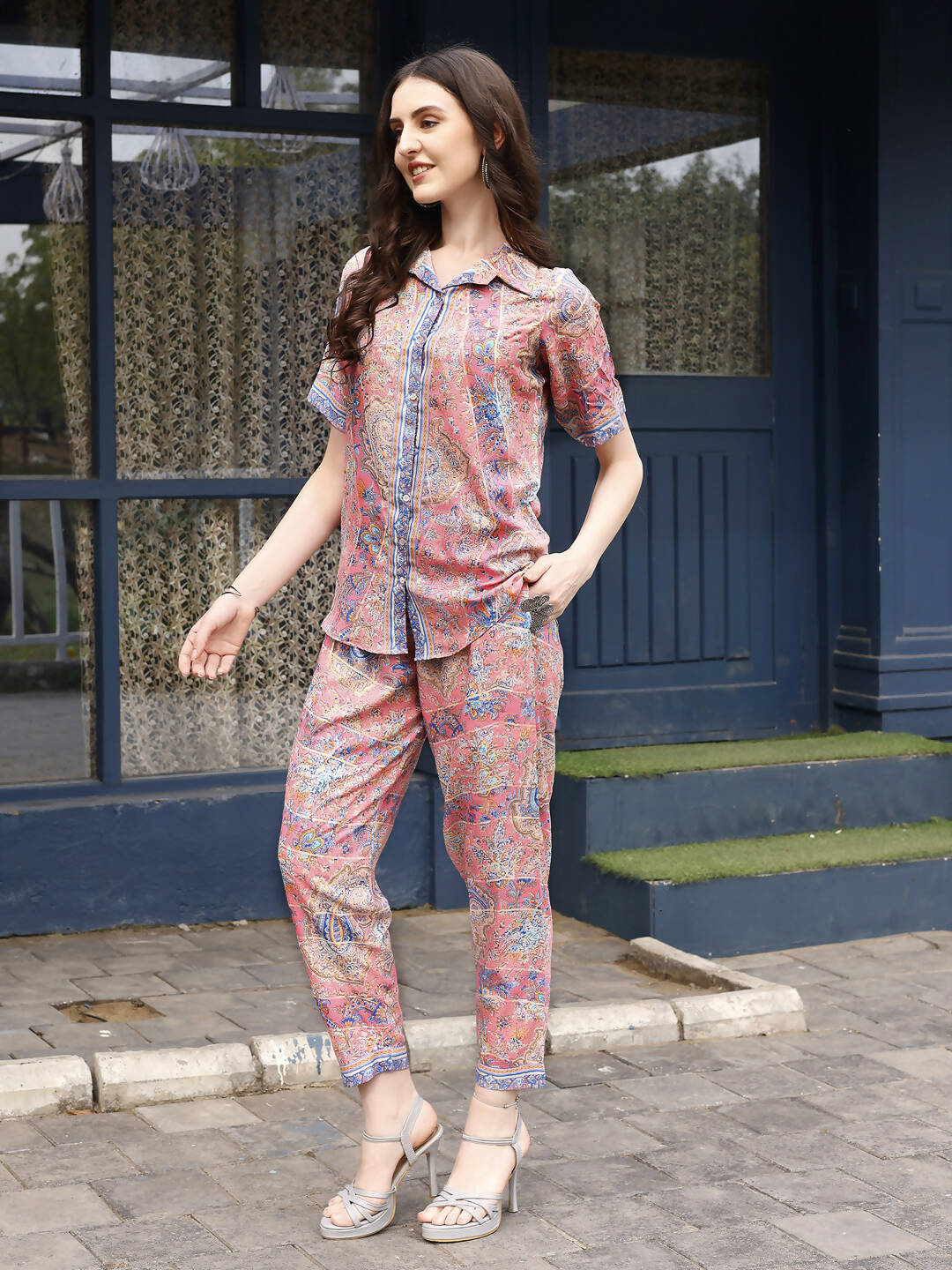 Pink Rayon Floral Printed Top with Matching Bottom - Eesha | Grocsy