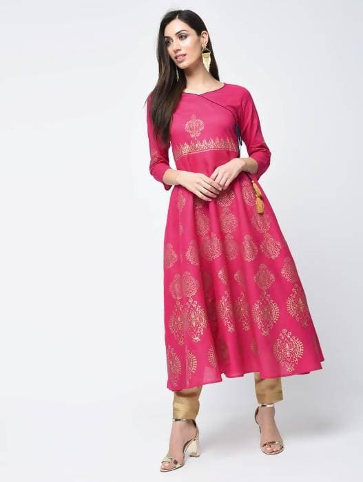 Aniyah Cotton Block Printed Angrakha Kurta Fuchsia (AN-132K) | Grocsy