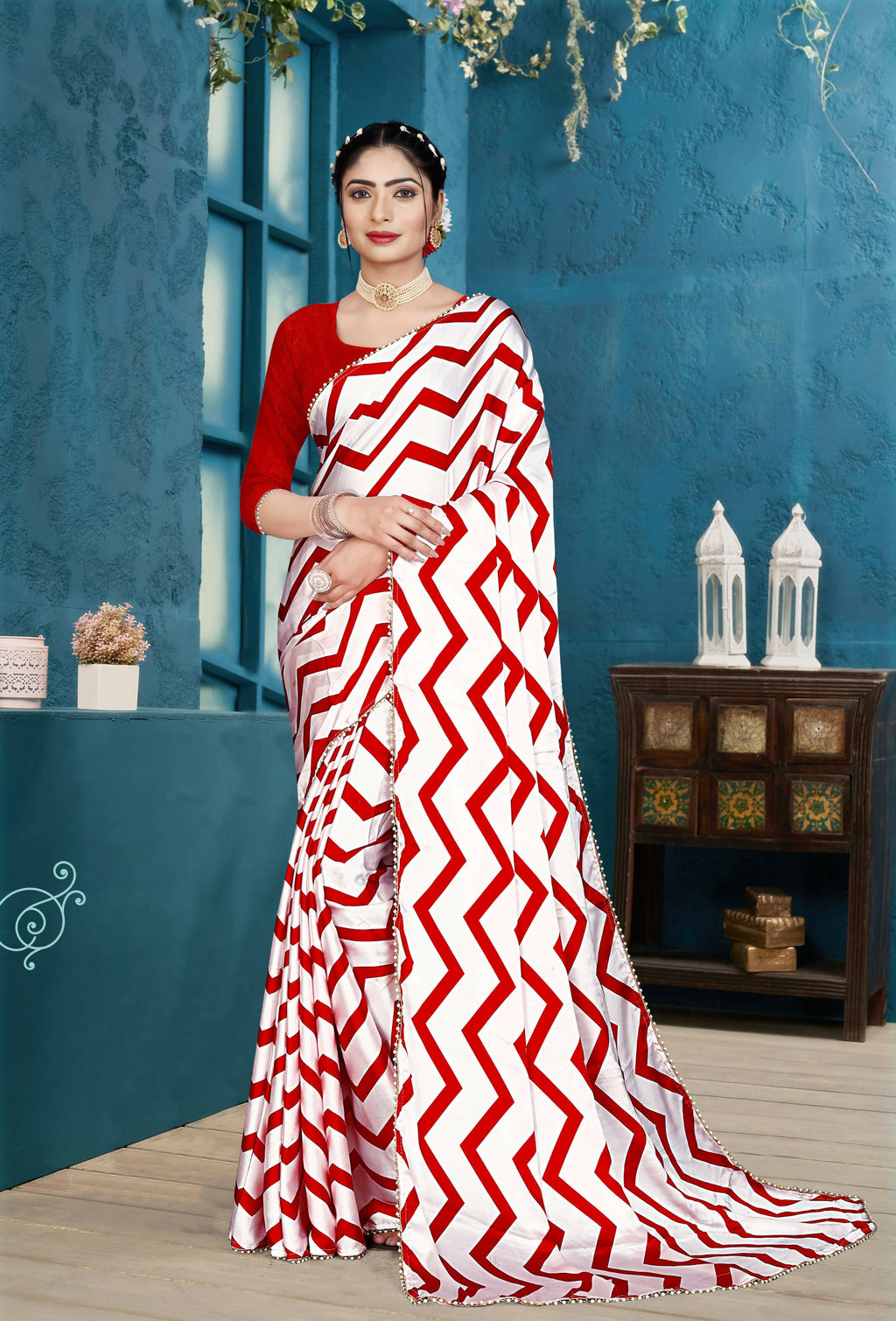Red Japan Satin Stripe Printed Saree With Unstitched Blouse Piece - Laavanya | Grocsy