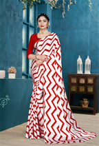 Red Japan Satin Stripe Printed Saree With Unstitched Blouse Piece - Laavanya | Grocsy