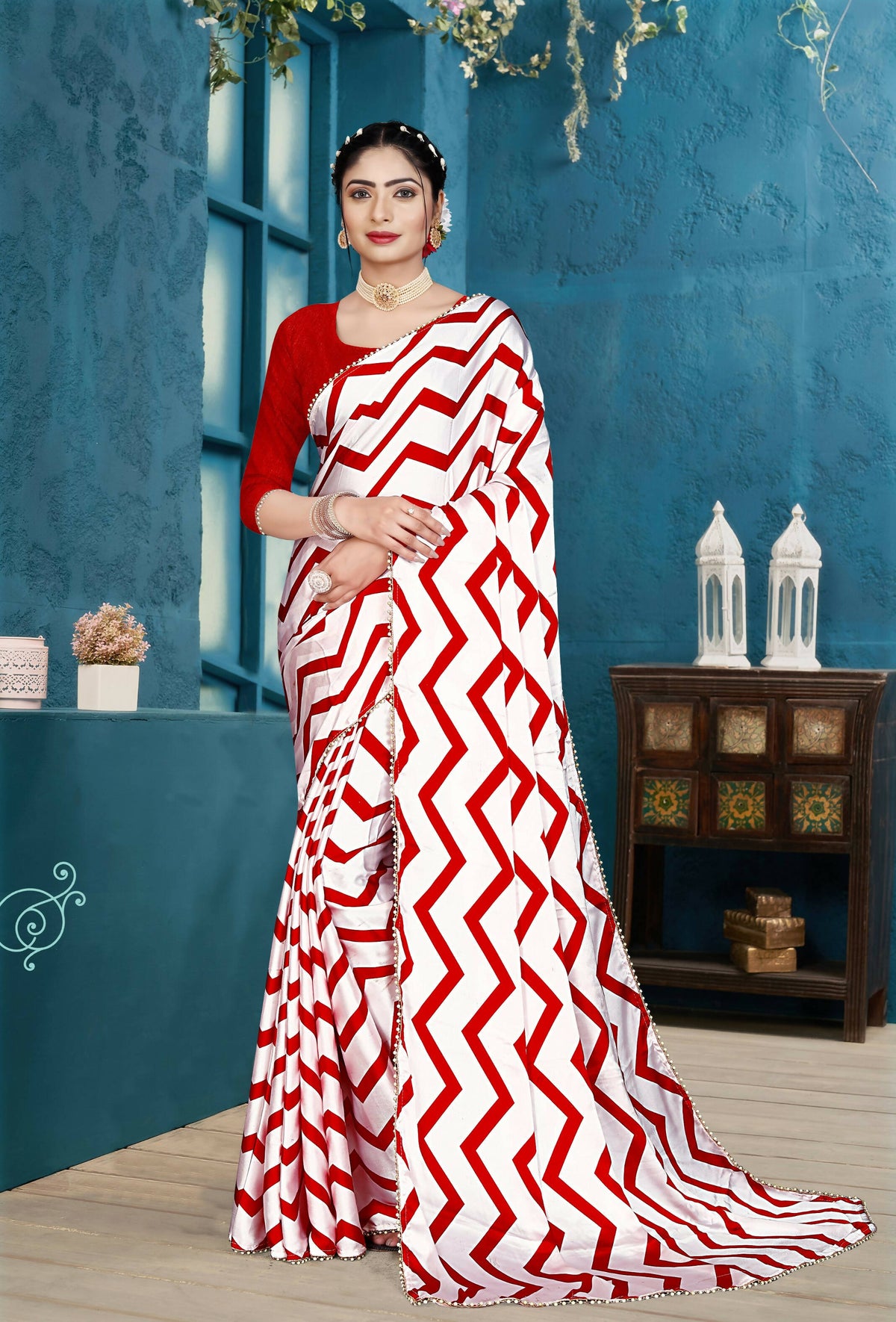 Red Japan Satin Stripe Printed Saree With Unstitched Blouse Piece - Laavanya | Grocsy