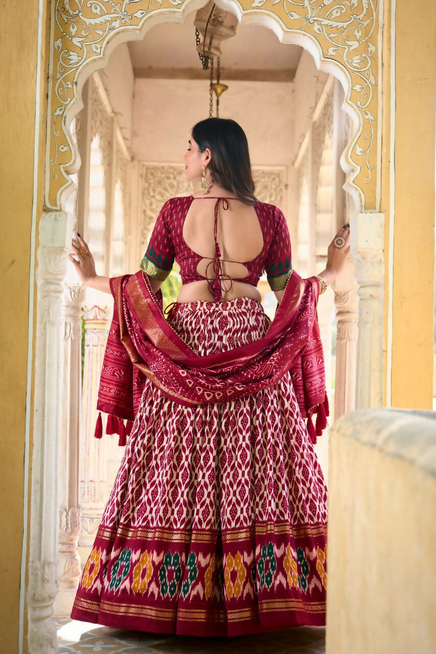 Vastranavya Designer Ikkat Print With Foil Work Lehenga Choli - Maroon | Grocsy